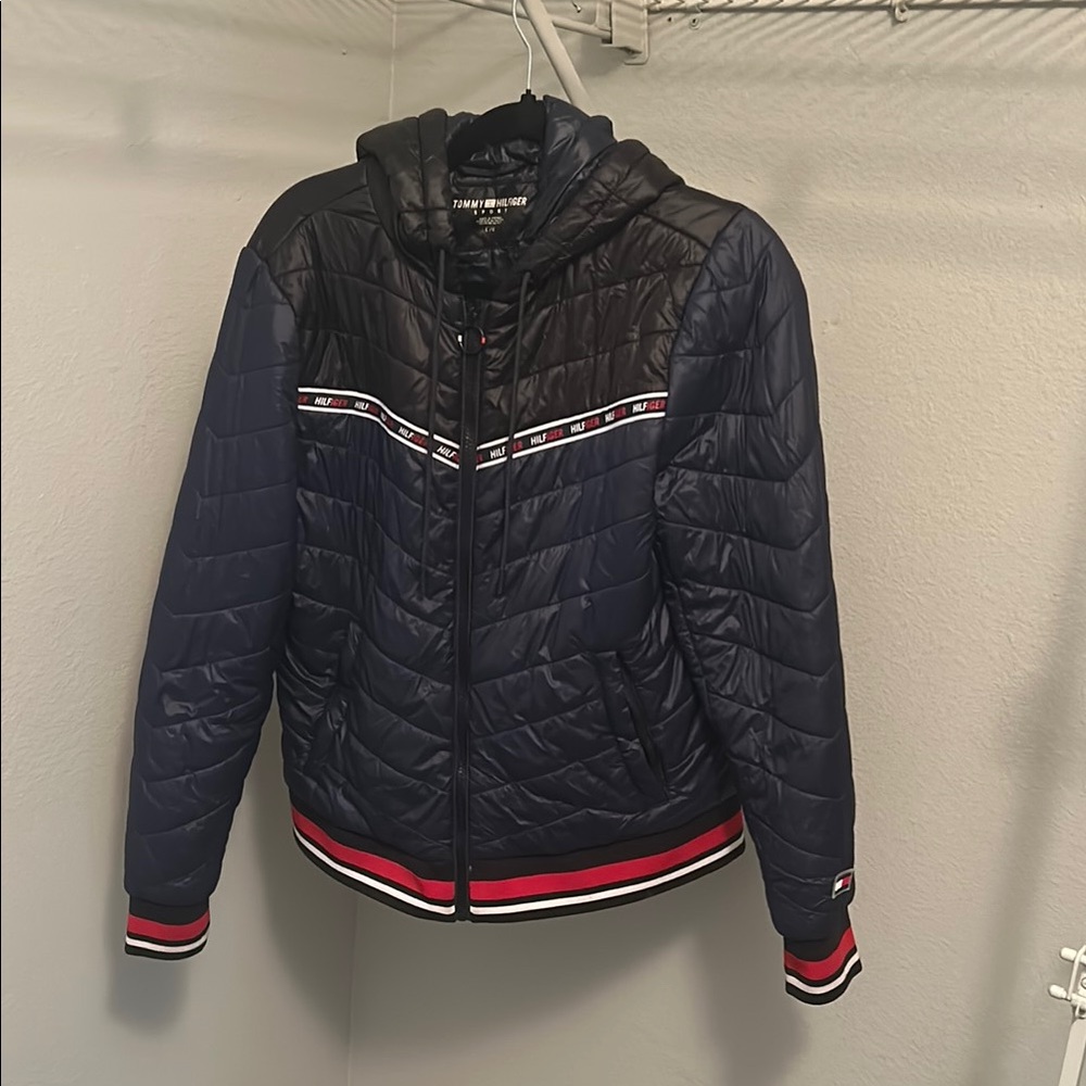 Tommy Hilfiger Blue and Red Puffer Jacket with Chevron Quilting